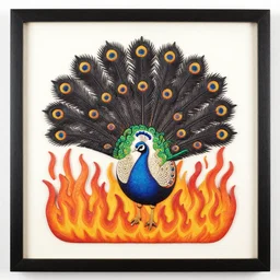 a peacock, rising above the flames, vibrant feathers, deep black outlining, mexican folk art, native american folk art, relief engraving, framed art, simple, mild expressionism, award winning