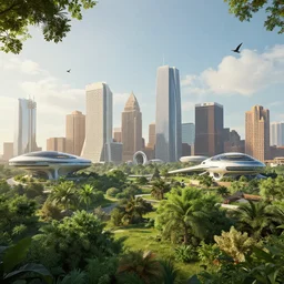 panorama of houston texas in the future, sci - fi buildings and technologies, nature is lush and has been restored, birds are flying, realistic, beautiful, landscape, octane render, 8 k, peaceful, cinematic lighting, extremely detailed, hd, unreal