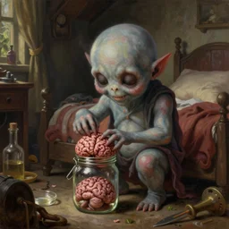 classic oil painting, an adorable ghoul that is opening a jar of brains, as a dnd character, inside a cluttered bedroom, cottagecore, highly detailed, digital illustration, concept art, smooth, sharp focus, art by tim hildebrandt, and greg hildebrandt