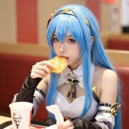 portrait photo still of real life lucina! ( fire emblem ) eating in a kfc!!, 8 k, 8 5 mm f 1. 8, blue hair, gold headband