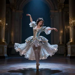 nocturne, baroque, girl dancing in the midnight palace, rim light, full body picture, super detial, highly detail, cinematic, 8 k, stunning, hyper realristic, full hd render, dream, glittering