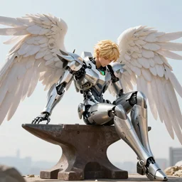 Delicate blond male mechanical Angel dying on an anvil in the sun, 4k digital illustration by Artgerm, wlop, James Jean, Andrei Riabovitchev, Marc Simonetti, yoshitaka Amano, Artstation, CGsociety