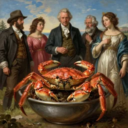 big crab!!!!!!!! looking on humans in a bowl by Lajos Berán, Albert Bierstadt, Robert Henderson Blyth, Claude Bonin-Pissarro, Sandro Botticelli, unreal Engine Fantasy Illustration. award winning, Artstation, Hyperdetailed, 8k resolution