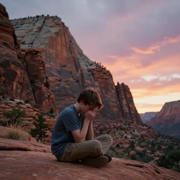 award winning cinematic still of teenager boy praying in zion national park, rock formations, colorful sunset, epic, cinematic lighting, dramatic angle, heartwarming drama directed by Steven Spielberg