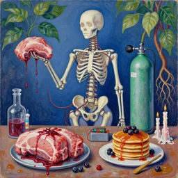 female android, surgical equipment, bones, raw pork, berry juice drips, pancakes, berries, bones, electrical wires, battery, oxygen tank, scientific glassware, plant roots, art supplies, candles dripping wax, neo - impressionist surrealism, acrylic and spray paint and oilstick on canvas