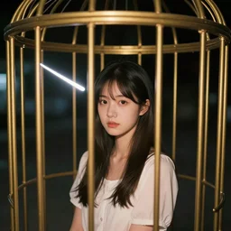 a pure girl inside a gold cage staring at the camera at night while a single streak of light pass through the windows, 8 k, realistic