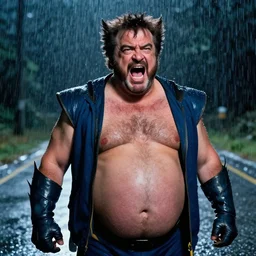 Portrait of Fat Danny Devito with his belly sticking out as The Wolverine (2013), Hes screaming at the rain in the middle of the night road, realistic, detailed, 4k by Greg Rutkowski Mark Arian trending on artstation