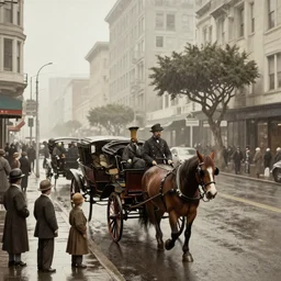 a busy street in san francisco in the 1900s with horse-drawn carriages and people on a rainy day, matte painting by Greg Rutkowski, trending on artstation