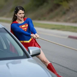 supergirl pulling a car with a rope