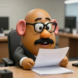 photo of a real Mr. Potato Head in a suit and glasses, reading a document at a desk in an office. Highly detailed 8k. Intricate. Sony a7r iv 55mm. Award winning.