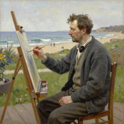 painting of a middle aged man wearing a cardigan sitting at a painting easel in his beachside backyard in the style of mary anning