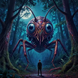 1 6 bit pixel mural by mario sifuentes and eboy of a night time forest scene of the giant embodiment of insect cosmic horror, compound eyes benevolent, menacing occult insect god in a moonlit deciduous forest clearing, giant compound eyes, chitin, antenna, feelers,