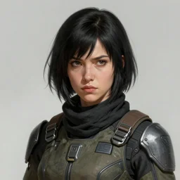 Portrait of a woman by Greg Rutkowski, she is about 20 years old, round face, mixture between german and russian, black bob hair, attractive, determined but resentful look, she is wearing futuristic military fatigues with a black scarf, highly detailed portrait, scifi, digital painting, artstation, concept art, smooth, sharp foccus ilustration, Artstation HQ.