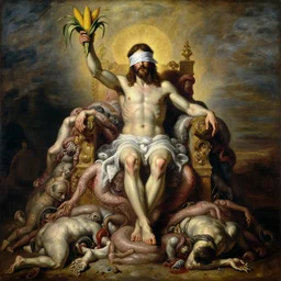 jesus christ wearing blindfold!!!!! holding cornucopia!!!!!!! sitting on a huge!!!! throne of entwined bodies, blood, viscera, corpses piled, horrific, elegant!!!, ominous, highly detailed painting by goya!!! phil hale!! gaston bussiere, craig mullins, j. c. leyendecker, 8 k, visible brush strokes, paint texture