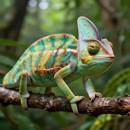 enormous chameleon in the forest, 8 k, made in octane, hyperrealism,
