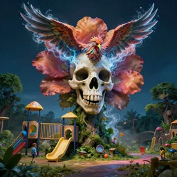 by etienne delessert and tony szczudlo, visually stunning, cinematic, ultra realistic, hyper realism, 1 2 k, epic, octane render, unreal engine, vfx, maya, jellyfish face skull phoenix bird : smoke and water energy flow, giant flower as head : a post - apocalyptic kid's playground at night covered by nature
