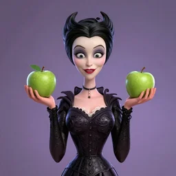 still from a dreamworks movie of morticia addams holding a green apple, high quality 3d render, movie, dreamworks, renderman, 4k, artstation