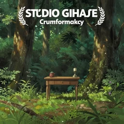 A small desk in the middle of a forest by Studio Ghibli