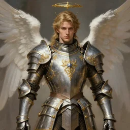 Full portrait of Magical Knight, holy armor, ornamental, angel themed, male, ornamental, highly detailed, smooth, shrap focus, digital painting, illustration, Steampunk!, by Albert Aublet, Krenz Cushart, WLOP and Sakimichan, artstation, chiaroscuro, HD 16K