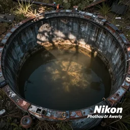 Professional Photography, Nikon, Post apocalyptic water tank, Angle looking into the tank, dirty water