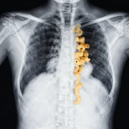 x - ray of a spine with severe scoliosis made of macaroni and cheese, canon eos r 3, f / 1. 4, iso 2 0 0, 1 / 1 6 0 s, 8 k, raw, unedited, symmetrical balance, wide angle