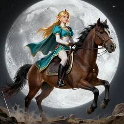 A hyper real comic book style portait painting of Zelda the princess, riding a horse on the moon, Triforce flag on the ground, unreal 5, hyperrealistic, octane render, cosplay, RPG portrait, dynamic lighting