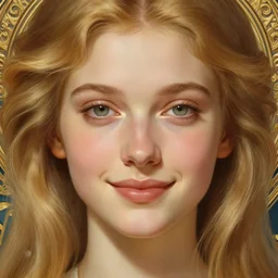 beautiful symmetrical face, portrait of young woman blessed with ever - increasing physical and mental perfection, realism, blonde hair, coquettish perfect face!! intricate, elegant, highly detailed, vision of holy perfection!! smile, digital painting, artstation, concept art, smooth, sharp focus, illustration, art by artgerm and greg rutkowski and alphonse mucha