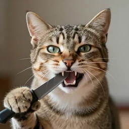 photo of an aggressive cat holding a knife on its teeth