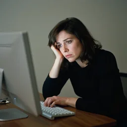 a photograph of an artist sitting worried at a computer screen, 1 0 0 mm, medium shot, portrait photography by annie leibovitz