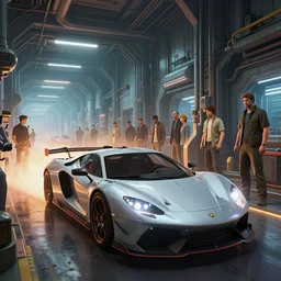 highly detailed photo of a super car driving through a corridor in a super secret lab, in gta v, stephen bliss, unreal engine, fantasy art by greg rutkowski, loish, rhads, ferdinand knab, makoto shinkai and lois van baarle, ilya kuvshinov, rossdraws, tom bagshaw, global illumination, radiant light,
