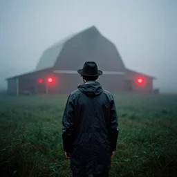 analog portrait photograph of a man from the back wearing a raincoat and a hat, alone in a field and a barn with thick fog and mist at night by alex prager and mark owen. red lights. bokeh. cinematic. hq. detailed. contrast. cinestill 8 0 0 t