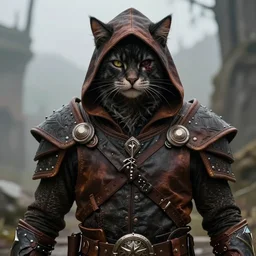 humanoid male khajiit rogue with a scar on left eye, wearing leather armor with a hood, mainecoon cat features with black fur, far - mid shot, magic the gathering, fantasy