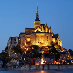 Mont Saint Michel on fire at nighttime. Flames, burning. By Konstantin Razumov, highly detailed