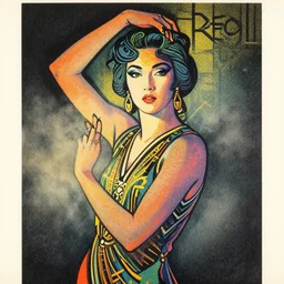 ( ( strong dither ) ), illustrated portrait a woman like reol, retro art deco, dynamic pose, colorful, moody, ( ( victo ngai ) ), murata range, detailed features, matte print, fog, dramatic lighting, halftone dots, stippled light, risograph, 4 k, wood block print, dramatic lighting