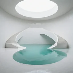 a large room with surreal minimalist architecture, partially flooded by blue green water, liminal space, made of all white ceramic tiles, surreal, curving hallways, rounded ceiling, stairs,
