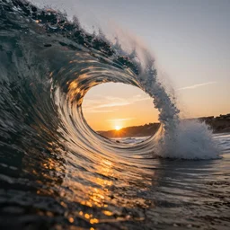 4k resolution, through the tube of a wave at sunset, 55mm lens