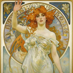 oil painting highly detailed art nouveau jennifer connelly waving hello, classic age : alphonse mucha