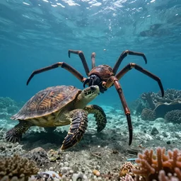 “giant spider fight against giant turtle in the middle of the sea”