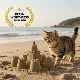 Photo of a cat building a sandcastle on a beach, photorealistic, 8K photo, golden hour, award winning