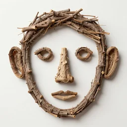 photo of a detailed and intricate arrangement twigs that are in the shape of a face with nose eyes and ears