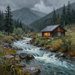 matte sharp painting, close - up of a river running past a cozy cabin in the mountains, heavy rain, juxtapoz, artforum, gary baseman, preston blair, tex avery, dan mumford, pedro correa