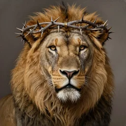 Beautiful hyperrealistic detailed matte portrait painting of lion wearing a crown of thorns, detailed digital art trending in artstation
