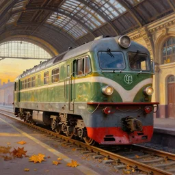 wide angle photo of a neo vintage metro locomotive, detailed, moscou metro railway station background, photorealism, volumetric autumn lights, sunset light, coloured, depth of field, sharp details, photo, hasselblad, by moebius and ricardo robles, marco turini, oil, ink, gouache, 3 d concept art, octane render
