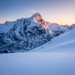 beautiful snowy mountain landscape of norway with a majestic sunrise , art, high detail, high definition, photorealistic, hdr,