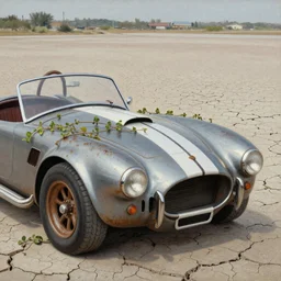 closeup of rusty shelby cobra, vine covered, desert, cracked dry lake bed, by Zdzislaw Beksinski, Norman Rockwell, al duke, highly detailed, soft lighting, film grain, 8k resolution, trending on artstation, gallery, award winning, oil on canvas