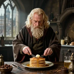 albus dumbledore making pancakes in the hogwarts kitchen