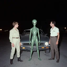 vintage photo of alien invasion, flash photography at night, retro 1 9 7 0 s kodachrome