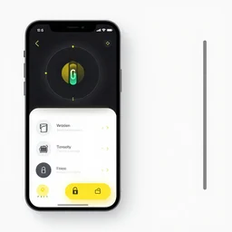 a full ux layout of a connected car dashboard and marketplace mobile app for ios with a black and yellow theme. you can see the fuel levels / charge, you can see the washer levels, there is a lock and unlock button, very slick, ios 1 6, dynamic, rule of thirds