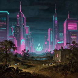 landscape by pieter bruegel the elder, synthwave at night assassin's creed vaporwave futuristic neon signs myst, archdaily, wallpaper, highly detailed, trending on artstation.