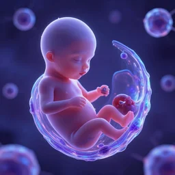 3 d render, fetus in womb, iridescent glowing light, gene, cells, purple and blue color scheme